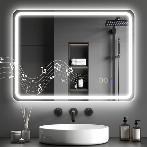 Homcom – Miroir lumineux de salle de bain 60 x 80 cm – Verre trempé HD – Éclairage LED ajustable – Bluetooth – Fonction anti-buée – Argenté (1/5)