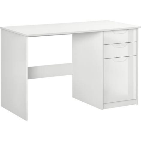 Computer Desk with Drawers, High Gloss Home Office Desk with Storage Cabinet, Study Workstation, 120 x 60cm, White