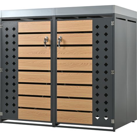 Coffre de rangement extérieur en acier galvanisé avec deux compartiments, portes verrouillables et jardinière intégrée, style bois à pores horizontaux (1/5)