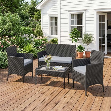 Gartenmöbelset für 4 Personen aus Kunstharzgeflecht mit Sofas und Couchtisch aus gehärtetem Glas, inklusive Kissen, grau