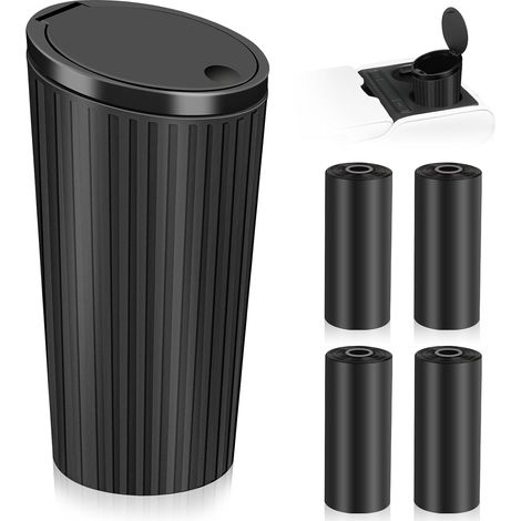 Car Trash Can with Lid, Mini Black Rubbish Bin Small Portable Waterproof Bin with 4 Rolls of Garbage Bags Interior Accessory for Car, Office, Home, Kitchen (1/5)