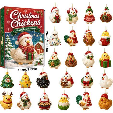 Calendrier de l'Avent 2026 sur le thème des poules, 24 décorations suspendues en acrylique 2D représentant des poules de la ferme, ornements de Noël féériques pour la décoration intérieure. (1/5)