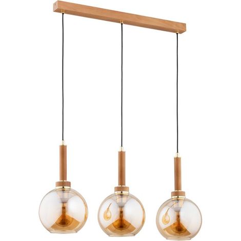 Lampada a sospensione legno 3 luci vetro ambra Alfa