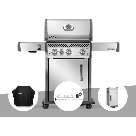 Barbecue à gaz Rogue PRO inox 3 brûleurs + 1 sizzle zone + Housse + Rôtissoire + Meuble rangement sous tablette - Napoléon