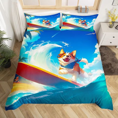 Housse de Couette 140x200 Corgi avec 1 Taie d'oreiller, Parure de Lit Plage Tropicale pour Enfant, Sets de Housses de Couettes Océan Mer Surf, Couvre Lit Cadeau de Vacances D'Été - 140x200cm + 1 Taie (1/5)
