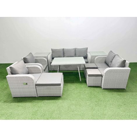 Fimous PE Rattan Garden Furniture Set Outdoor Rectangular Dining Table Sofa Set with Reclining Chair 3 Stool 2 Side Tables Light Grey (1/4)