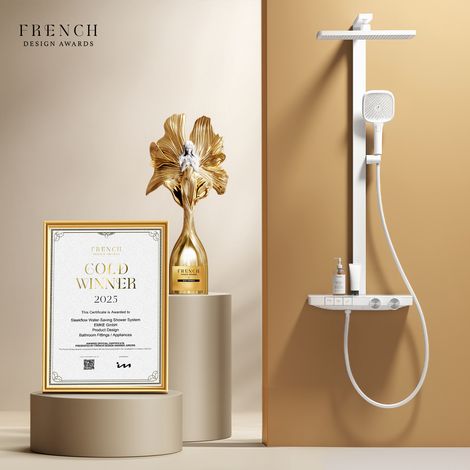 EMKE Colonne de Douche Thermostatique avec Débit Réglable, Grande Douchette de tête 36x24 cm et 4 Modes Pommeau de Douche à Main, Certification KTW, Blanc mat (1/5)