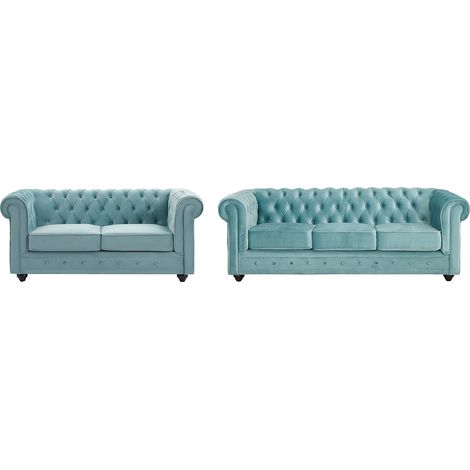Canapés 3 places et 2 places en velours bleu pastel CHESTERFIELD (1/5)