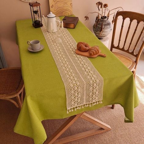 Coton à tête carrée, longueur de côté 240 cm Chemin de table en coton et lin, fil de coton crocheté, housse pour meuble TV/meuble à chaussures, nappe décorative à longues bandes pour table basse/table (1/5)