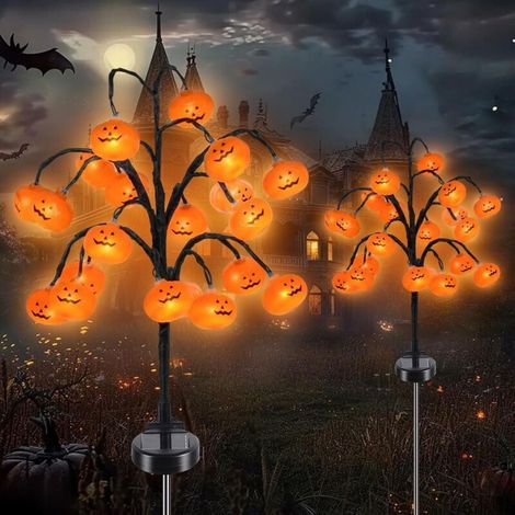 Décoration solaire d'Halloween, lot de 2 lampes solaires citrouilles à 40 LED pour extérieur, décoration d'Halloween étanche pour allée de jardin, fête, festival (1/5)