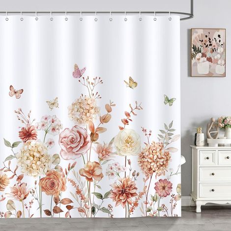 Rideau de Douche Lavable Rideau de Bain Aquarelle Fleurs Tissu Polyester Rideau Salle de Bain 180 x 180 cm avec 12 Crochets (1/5)