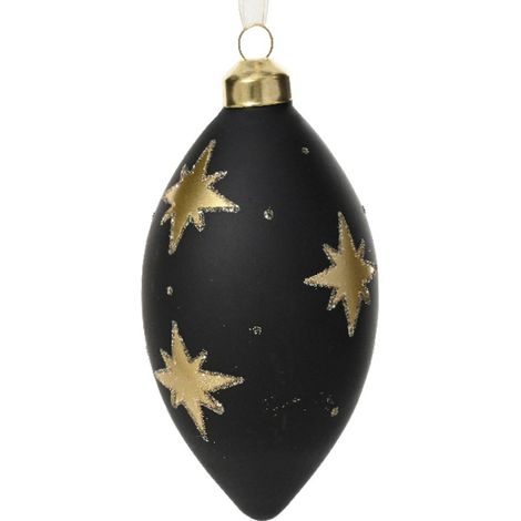 Kaemingk – Boule de Noël forme losange noir mat avec étoiles dorées – Verre, Ø 8 cm