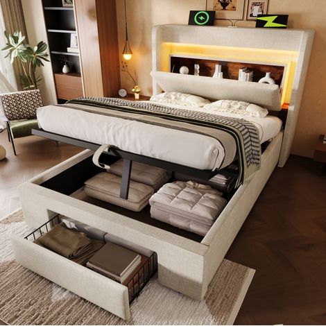 Letto imbottito 90x200 cm beige in lino con contenitore idraulico, LED, prese USB/USB-C e materasso (1/5)