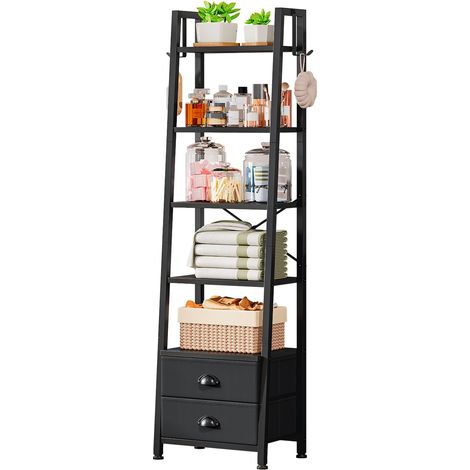 Étagère à 5 niveaux type échelle avec 2 tiroirs, bibliothèque étroite indépendante pour rangement et exposition, style industriel, 39 x 29 x 161 cm (Noir) (1/5)