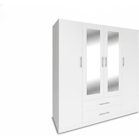 Armario de Dormitorio 4 Puertas W, con Espejo, Blanco