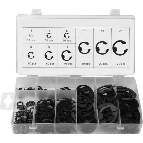 Assortiment de 300 anneaux de retenue en métal noir (clips en E) de 3 à 22 mm, avec boîte. (1/5)