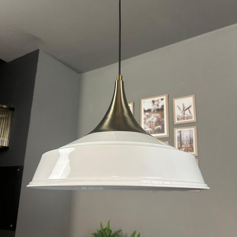 Suspension Industrielle en Métal Blanc Peint à la Main – Lustre Vintage E27 Ø41 cm pour Salon, Chambre ou Salle à Manger (1/4)