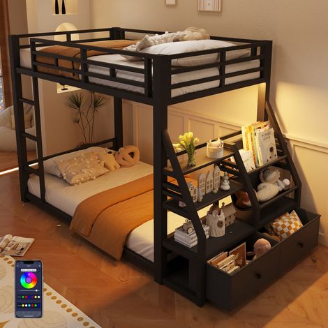 Lit superposé en métal 90x200 cm avec LED et 2 tiroirs en tissu – Lit Mezzanine Literie enfant et adulte (1/5)