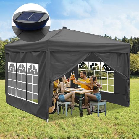 Jiubiaz Tenda Tenda da giardino Tendone facile da agganciare con protezione UV Padiglione multiuso Riunioni di famiglia Padiglione da giardino 3x3m Grigio con luce a led solare