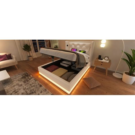 Cama con almacenaje 90x200 cm PU blanco con USB, para dormitorio juvenil, sin colchón – MEUBLIV (1/5)