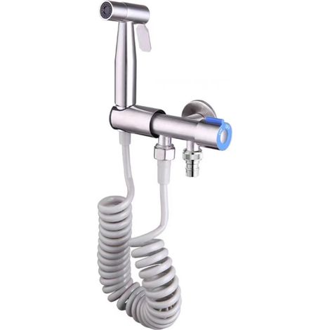 Ensemble douchette WC manuelle 4 pièces avec flexible pistolet de chasse d'eau douchette bidet et robinet d'arrêt d'angle (1/4)