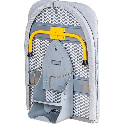 Taschen-Klappbügelbrett 89 x 33 cm mit Bezug aus 100 % Baumwolle, kompakte Aufbewahrung, platzsparender Tisch, integrierter Bügeleisenhalter, grau/gelb (1/5)