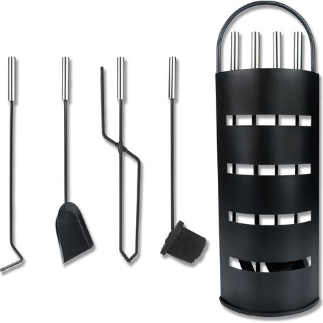 Hengmei – Serviteur de cheminée lot de 5 accessoires en acier inoxydable – Pelle à cendres 55cm, tisonnier 56cm, balai et pince – Support inclus (1/5)
