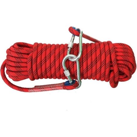 Corde de sécurité extérieure de 10 mm avec 2 mousquetons en acier, adaptée pour l'escalade et le sauvetage (10 m rouge) (1/5)