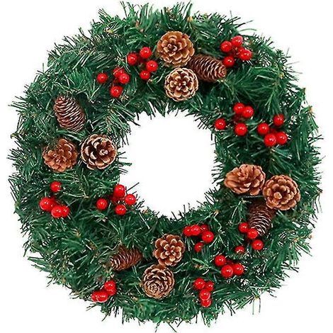 Couronne de Noël artificielle avec pommes de pin, baies rouges et guirlande lumineuse LED pour porte d'entrée, mur, décoration de style champêtre, extérieur, intérieur, articles de fête, 30 cm (1/5)