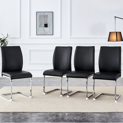 Set di 4 sedie da pranzo in PU nero, gambe metalliche argentate, design ergonomico OKWISH (1/5)