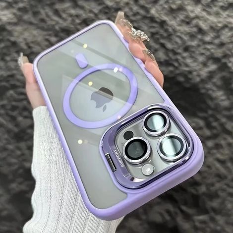 (iPhone 16 Pro Max, Violet clair) Étui de téléphone magnétique antichoc pour iPhone avec support et protection d'objectif en verre.