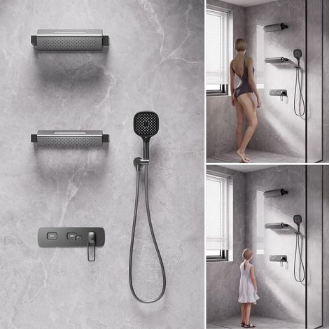 Colonne de Douche Encastrée, 2025 Innovant 4 Modes Pivotant à 360° Ensemble de Douche, Moderne Touches de Piano Systèmes de Douche, Double 350x90mm Pommeau, Douchette, 59A cuivre Mitigeur (1/5)