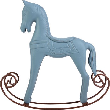 Cheval à Bascule en Bois Artisanal Sculpté et Peint, Décoration de Table Cadeau Enfant (Bleu Clair)