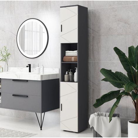 Colonne de salle de bains étroite 30x30x183 cm en bois gris foncé pour petit espace - CHICFURN (1/5)