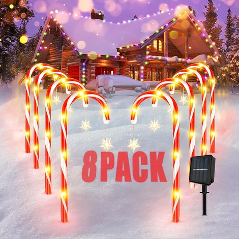 Guirlandes Lumineuses Solaires en Forme de Bâton de Sucre avec Rouges & Rayures - Décorations de Noël Extérieures/Intérieures, Conception Solaire Sans (1/5)
