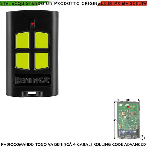 Radiocomando Quatricanale Freq. 433,92 MHz Portata Radio 60/100 MT TO.GO Codice Sicurezza Advanced Rolling Code 128 Bit Batteria 12 V 23A Contenitore ABS Nero Tasti Gialli Comando Automatismo Benincà (1/4)