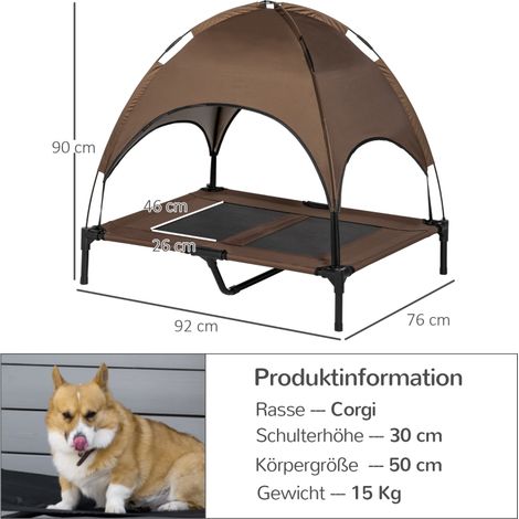 Lit surélevé pour chien avec toit, transat de camping pour animal, tente de repos respirante en taffetas teinte café, idéal extérieur, dimensions 92x76x90 cm (1/5)