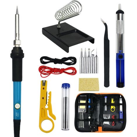 Coffret de 15 fers à souder électroniques, outil de soudage à température réglable de 60 W, 5 pannes à souder, pompe à dessouder, support de fer à souder, pincettes (1/5)