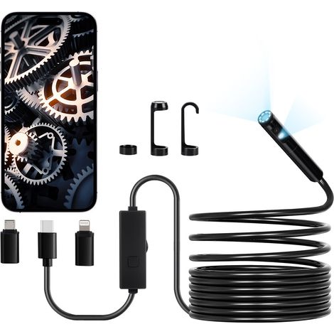 Caméra Endoscopique Double Objectif Endoscope pour Android iOS avec Câble Semi-rigide 5 m, 8 + 1 Lumières LED, Zoom, Étanche IP67, Caméra Serpent d'Inspection HD 1920p pour Automobile, Plomberie (1/5)