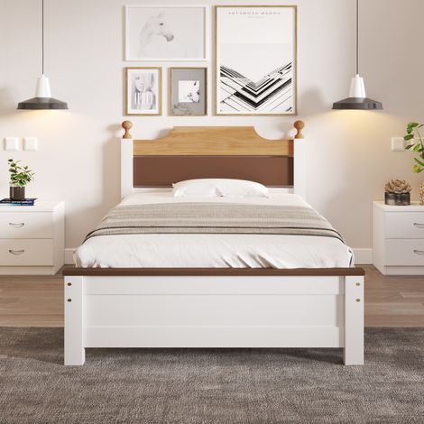 Lit simple 90x200 cm, lit en bois massif, lit adolescent, lit adulte, cadre en pin, avec tête et pied de lit, couleur assortie, blanc (livraison locale, garantie 2 ans) (1/5)