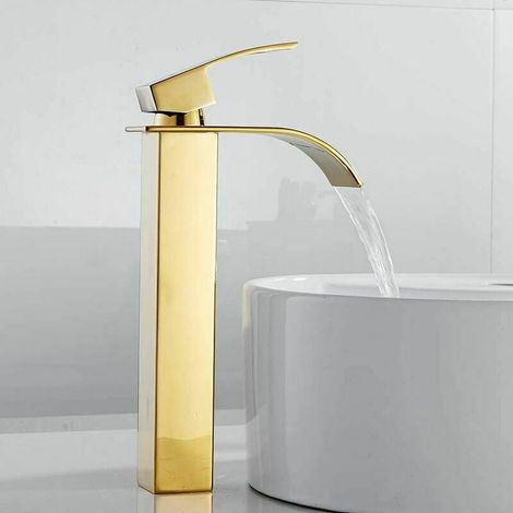 Robinet lavabo moderne carré chromé doré, mitigeur bec cascade haut pour vasque, eau chaude froide, trou unique, salle de bain design (1/5)