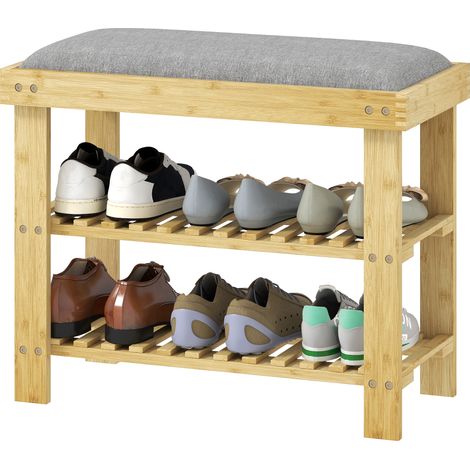Zapatero Bambú 2 Niveles Cojín Gris 60x29x49 cm