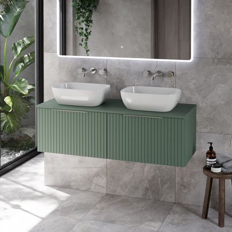 Helix 460 Fluted Satin Green 1200mm Wall Mounted 2 Drawer Vanity Unit for Countertop Basins