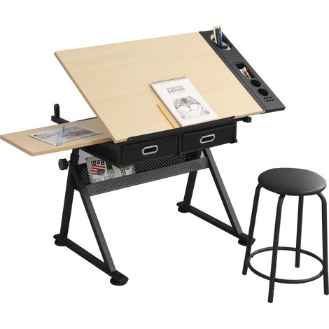 Verstellbarer Zeichentisch mit Hocker 98 x 60 cm MDF Metall Ahorn (1/5)