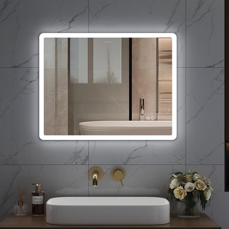 HOROW Espejo de baño LED, antivaho, regulable, función de memoria, con botón táctil inteligente - 50x70 cm - 60x80 cm - 70x90 cm (1/5)