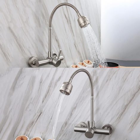 Rubinetto da cucina a parete in acciaio inox spazzolato, miscelatore per lavello acqua calda e fredda, 2 modalità di erogazione dell'acqua, beccuccio girevole - ALTRO (1/4)