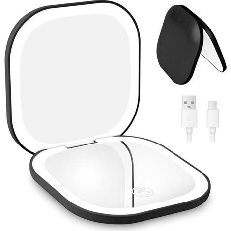 Miroir grossissant de voyage rechargeable, grossissement x5/x1, miroir de maquillage éclairé, avec 3 couleurs d'éclairage, double face, pour un maquillage précis, noir (1/5)
