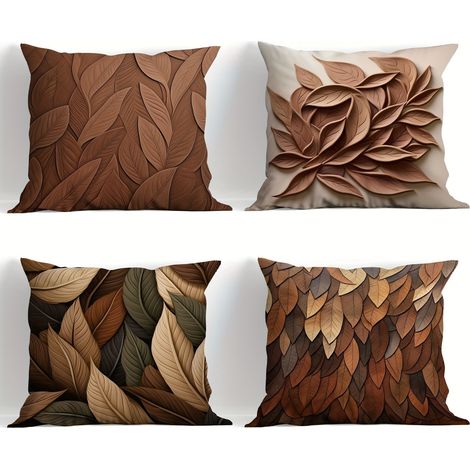 Quatre housses de coussin marron à motif de feuilles en relief, mesurant 45 x 45 cm, sont parfaites pour décorer les canapés et les chambres. (1/5)