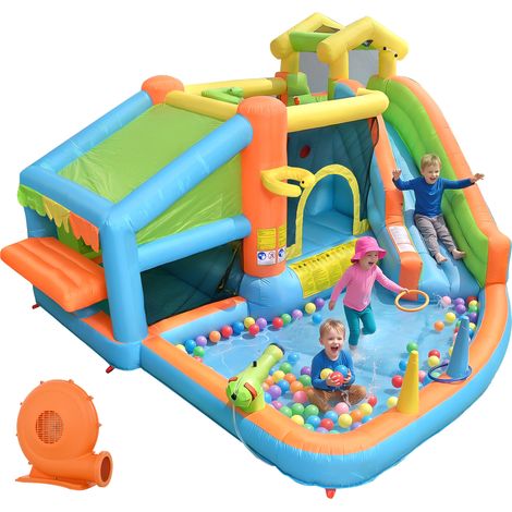 Château gonflable parc aquatique pour enfants avec souffleur, toboggan, panier de basket, cuisine de jeu, tissu Oxford, aire de jeux extérieure, dimensions gonflées : 360 x 350 x 210 cm