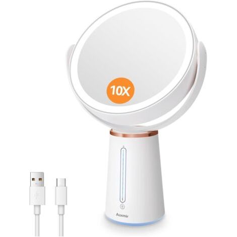 Miroir Maquillage Lumineux Grossissant 10X/1X, Miroir Double Face avec Eclaire Variable et Rotation 360°, Miroir Cosmétique de Table sur Pied Rechargeable 2500mAh pour Soin du Visage (1/5)